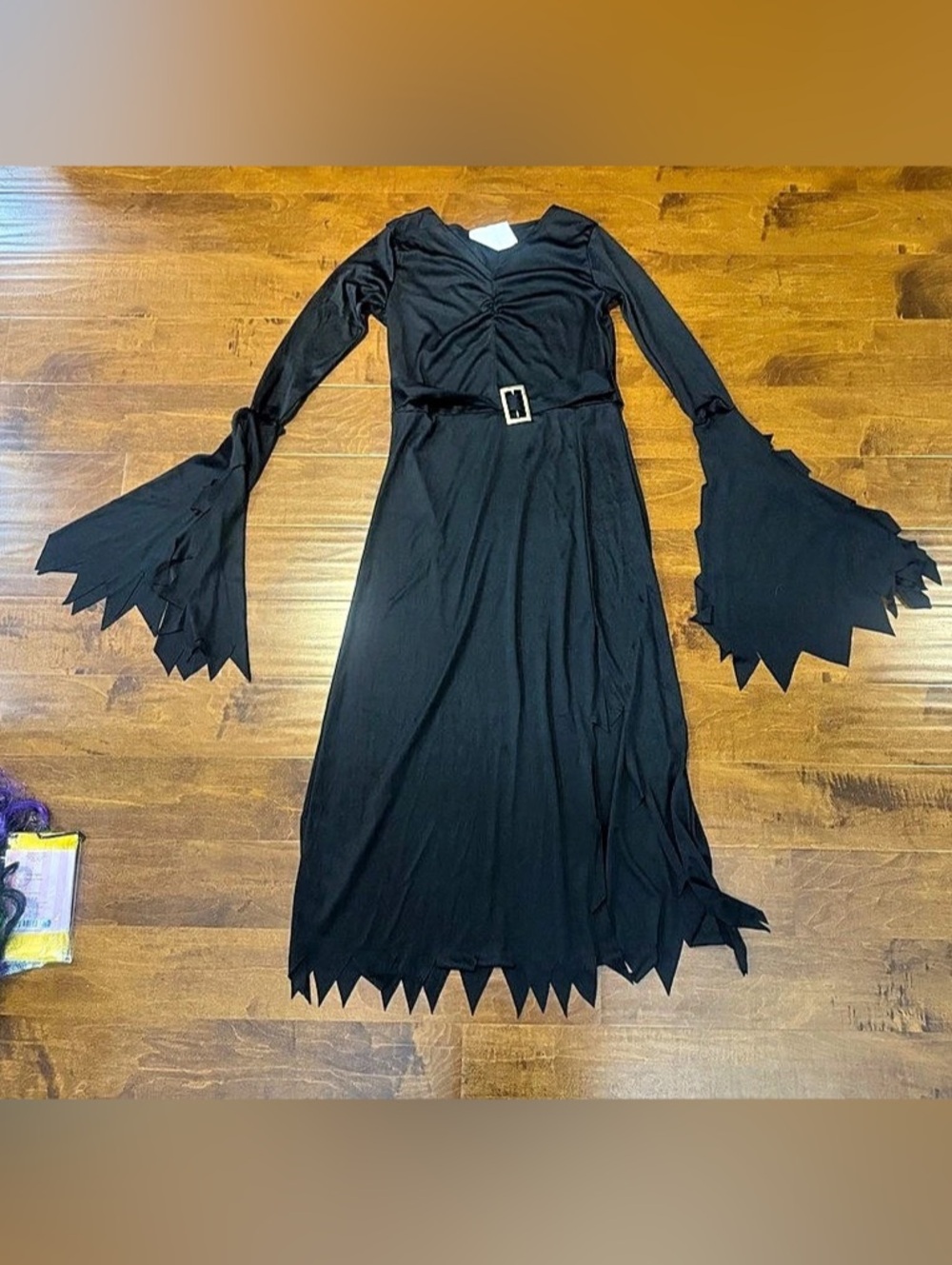 Witch dress & matching hat, green & purple wig, yellow tights & weaving cap